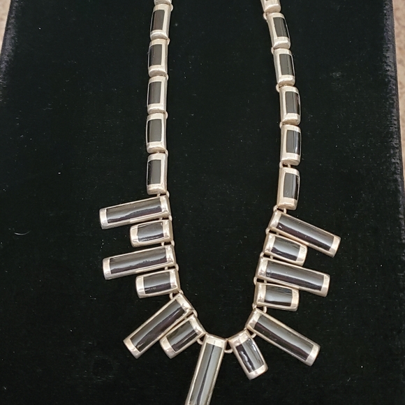 Heavy Vintage Mexico Sterling black onyx inlay Necklace - Picture 7 of 15